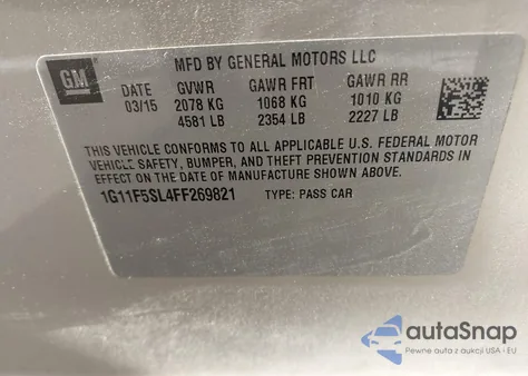 2015 Chevrolet Malibu 1Lz z USA, uszkodzony, nr VIN 1G11F5SL4FF269821